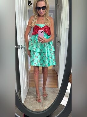 Judith March Aqua Bow-Print Tiered dress with Red Sequin